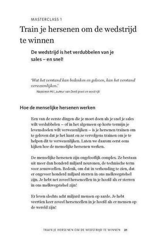 Tekstpagina met de titel 'Train je hersenen om de wedstrijd te winnen' en een citaat van Napoleon Hill.