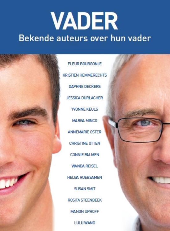 Boekomslag met de helft van het gezicht van een jonge, lachende man en de helft van het gezicht van een oudere, lachende man met bril. Lijst met auteursnamen.