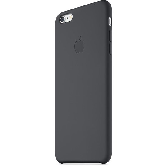 Donkergrijs Apple iPhone 6/6S Plus siliconen hoesje met Apple logo op de achterkant, vanaf de zijkant gezien.