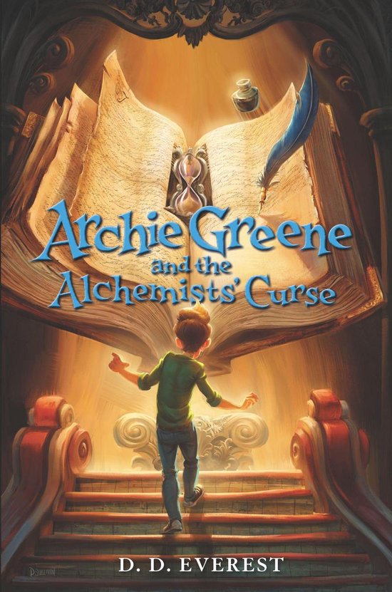 Boek kaft van 'Archie Greene and the Alchemists' Curse' met een jongen die op een trap naar een open boek loopt. De titel staat in grote blauwe letters.