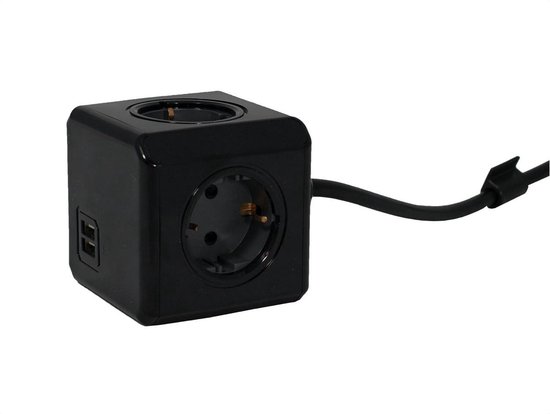 PowerCube Extended Duo USB - Stekkerdoos met USB en Schakelaar - 4 stopcontacten - 2 USB Poorten- 1.5 meter kabel - Zwart/Grijs