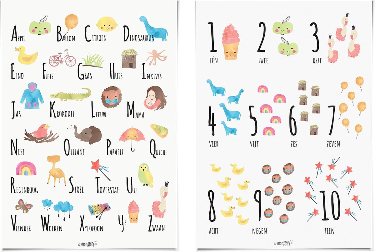 Posterset Waterverf: Alfabet en Cijfer Poster 30x40 cm - Muurdecoratie - Kinderkamer Decoratie