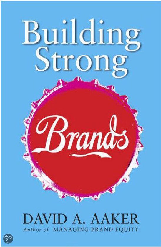 Couverture de livre avec le titre "Building Strong Brands" en lettres blanches sur fond bleu. Un cercle rouge avec le texte "Brands" en lettres blanches et élégantes.