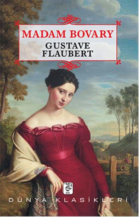 Boekomslag van Madame Bovary door Gustave Flaubert, met een schilderij van een vrouw in een rode jurk.