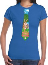 Blauw Paas t-shirt met paashaas stropdas - Pasen shirt voor dames - Pasen kleding XXL
