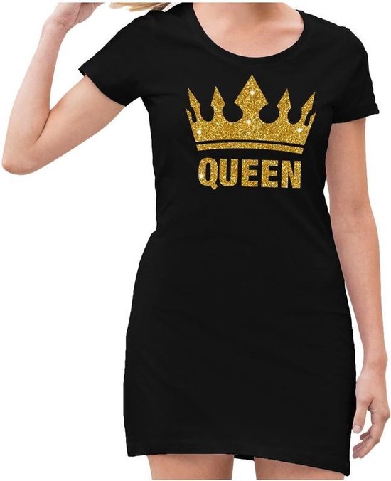 Zwart  jurkje met goud glitter Queen en kroon - jurkje dames - Zwart Koningsdag kleding M
