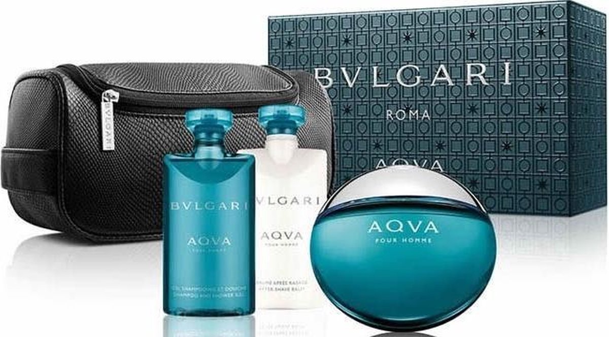 Goedkoopste 4 delige cadeau set Bvlgari Aqva Eau De Toilette Spray 100ml After shave balm 75ml Shower gel 75ml Travel Bag