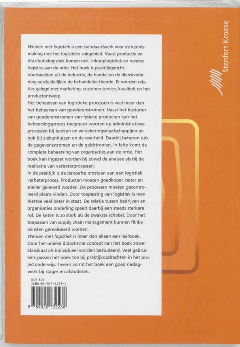 Achterkant van het boek "Werken met logistiek". De oranje cover heeft op de achterkant een samenvatting van de inhoud en de ISBN-code.