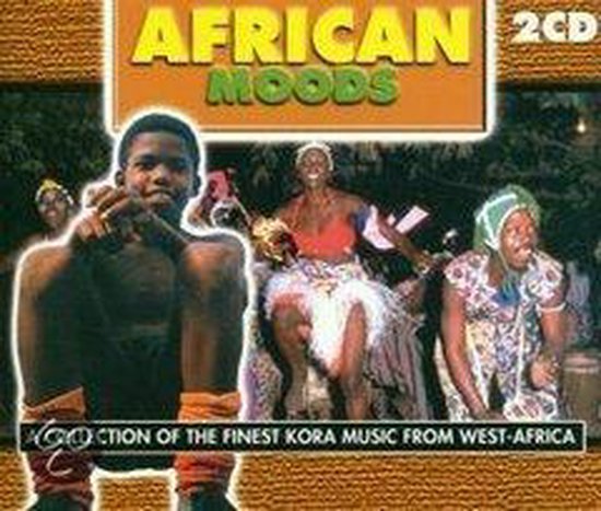 Albumcover 'African Moods' met 2CD-aanduiding. Op de voorgrond een jongeman, op de achtergrond dansende vrouwen in kleurrijke kleding.