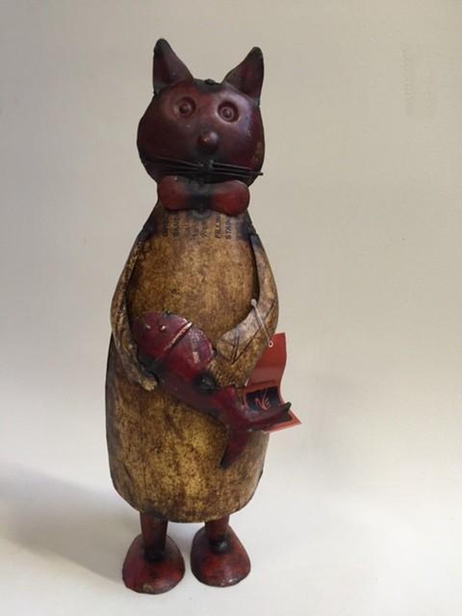 Handgemaakte kat met vis beeldje - h46cm - M