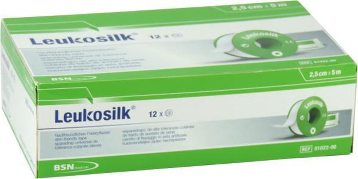 Leukosilk, hechtpleister met klemring 2,5cm x 5m, doosje 12 stuks