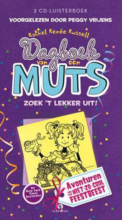 Een luisterboekhoes met de titel 'Dagboek van een muts - Zoek 't lekker uit!' in grote letters. Een getekend meisje met staarten staat centraal.