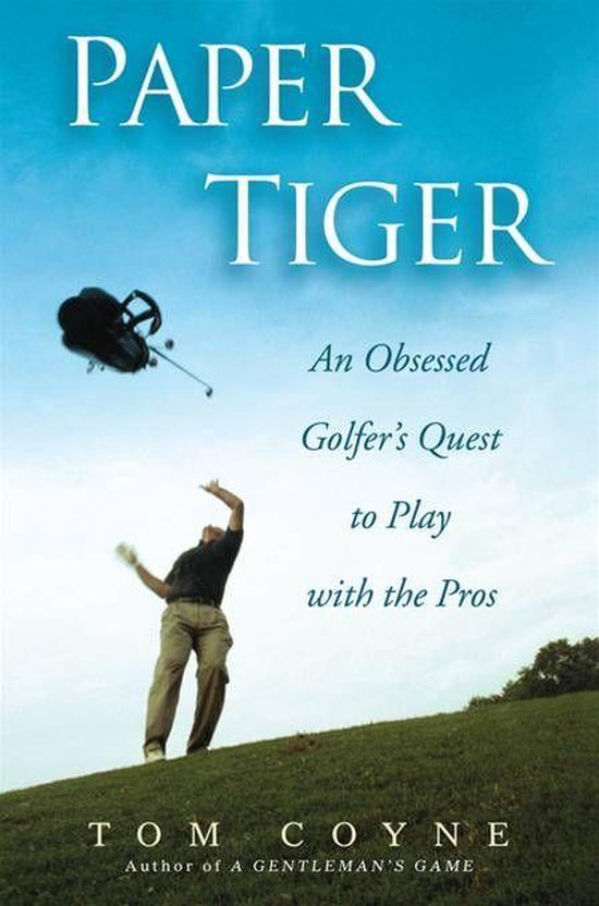 Boek "Paper Tiger" met een golfer die een golftas de lucht in gooit onder een blauwe lucht.