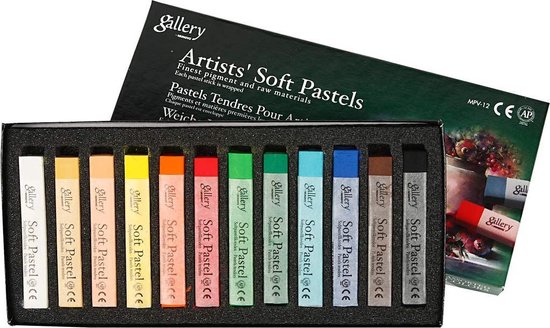Een doos van 12 Gallery Soft Pastels, met open doos die de 12 pastels toont.