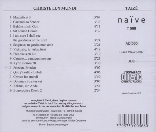CD hoes met tracklist van Christe Lux Mundi door Taizé. T 568