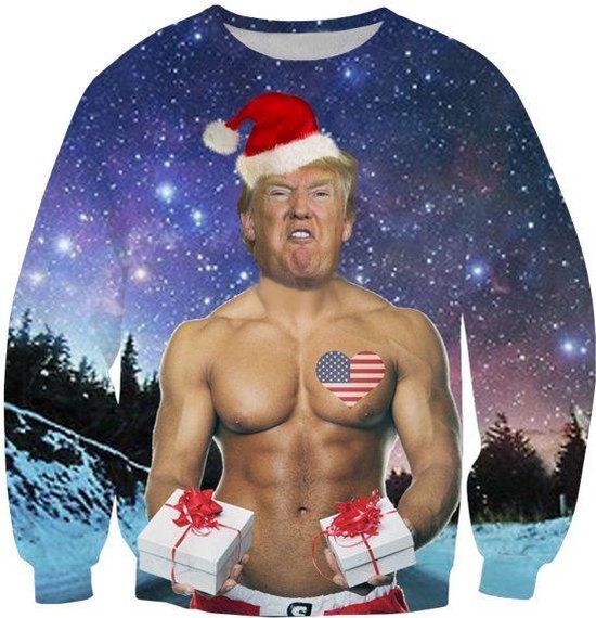 Trui met Donald Trump met kerstmuts, gespierd lichaam, Amerikaanse vlag hart, en cadeaus.