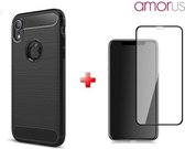 Silicone gel zwart hoesje iPhone XR met full cover glas screenprotector