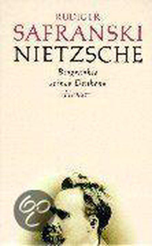 Livre 'Nietzsche' par Rüdiger Safranski, avec un portrait de Nietzsche.