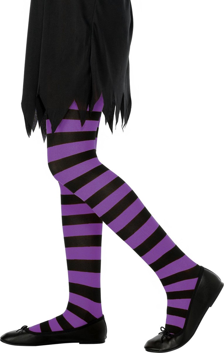 Carnaval verkleed panty voor kinderen - Gestreept - paars/zwart - one size 6 tot 12 jaar - Heksen