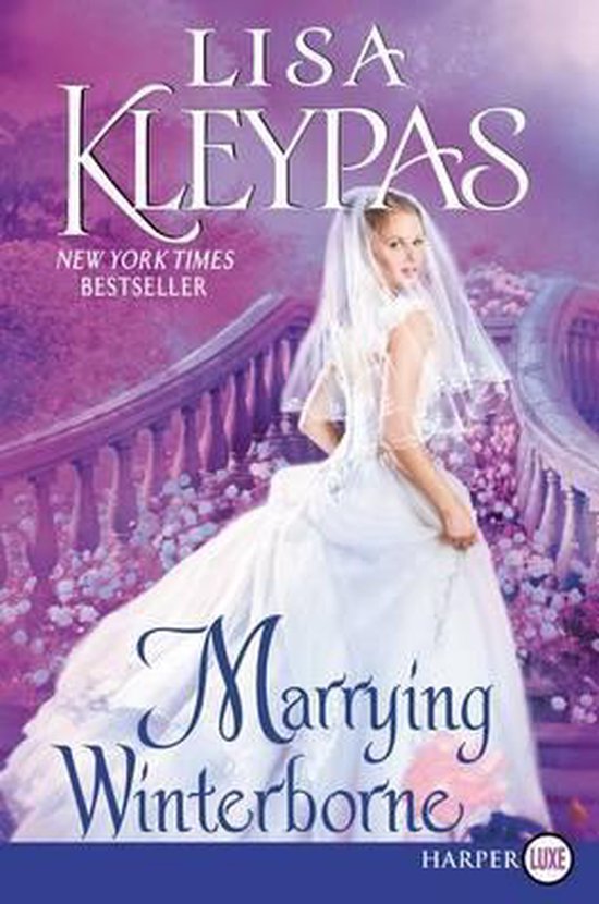 Une mariée en robe de mariée blanche avec voile, regardant par-dessus son épaule. Texte : Marrying Winterborne.