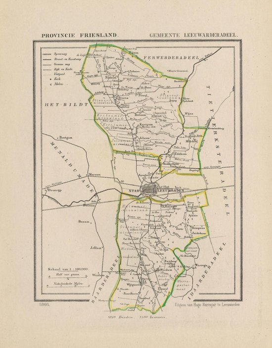 Foto: Historische kaart plattegrond van gemeente leeuwarderadeel in friesland uit 1867 door kuyper van kaartcadeau com