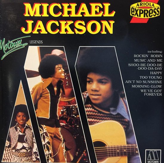 Michael Jackson "Motown Legends" albumhoes met Michael Jackson op drie foto's, waaronder een met gitaar.