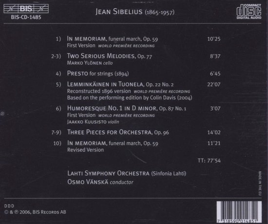 Achterkant CD-hoes met tracklist, o.a. 'JEAN SIBELIUS (1865-1957)', 'LAHTI SYMPHONY ORCHESTRA', 'Osmo VÄNSKÄ conductor' en 'BIS-CD-1485'.