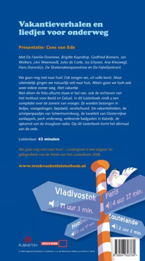 Achterkant van een luisterboek met de titel "Vakantie verhalen en liedjes voor onderweg". Bevat een beschrijving, een foto-albumstijl collage, en een verwijzing naar "Vanzelfsprekend".
