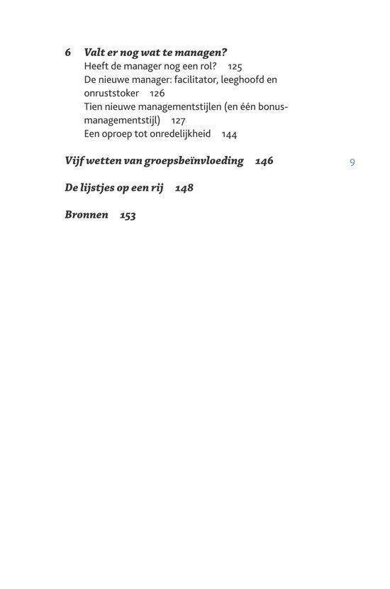Inhoudsopgave met de titels Valt er nog te managen? en Vijf wetten van groepsbeïnvloeding.