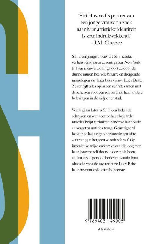 Achterkant boek met tekst 'Siri Hustvedt's portret van een jonge vrouw op zoek naar haar artistieke identiteit is zeer indrukwekkend.' en QR-code.