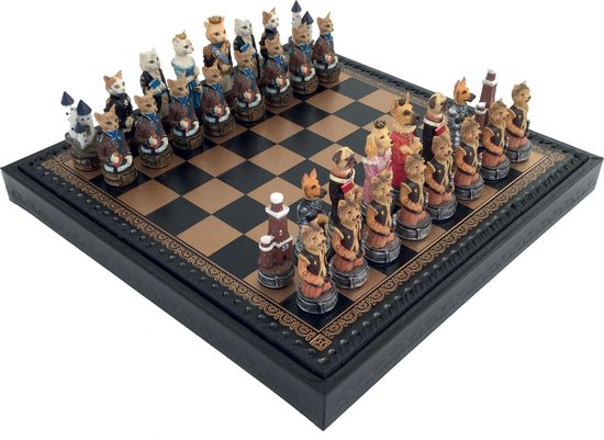 Shuraba wapenkamer labyrint Luxe schaakset - Handbeschilderde honden vs katten schaakstukken + zwart /  goud... | bol.com