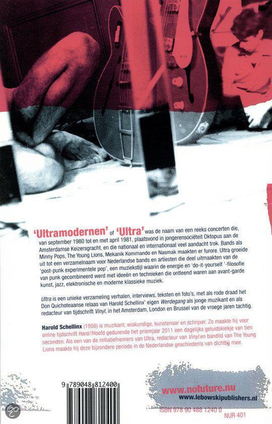 Boekcover met roze, grijze en zwarte abstracte vormen, tekst 'ULTRA' en een afbeelding van gitaren.