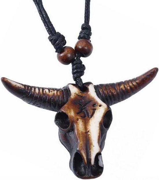 Tribal Buffalo schedel kettinghanger met Touwketting