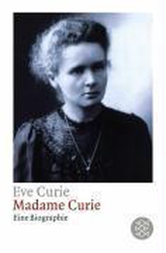 Zwart-wit portret van Eve Curie, met de titel "Madame Curie".