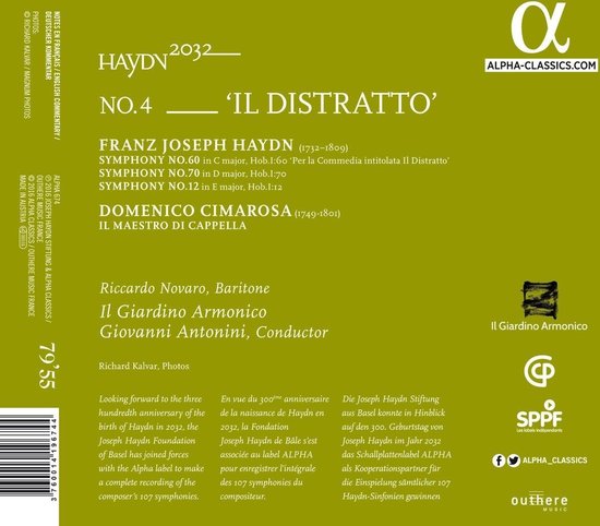 Albumhoes met tekst 'Haydn 2032 No. 4 - Il Distratto' en namen van musici en componisten, met logo's.