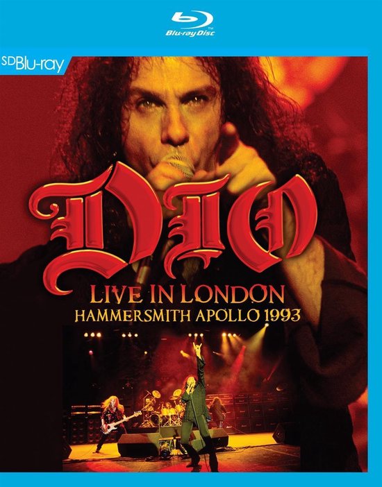 Dio Live in London Hammersmith Apollo 1993 Blu-ray hoes met close-up van Ronnie James Dio en concertfoto.