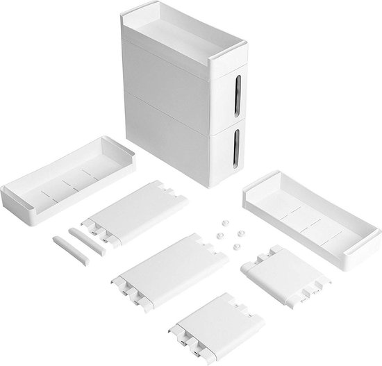 Armoire de rangement étroite avec 2 paniers et 2 compartiments ouverts - Plastique - Blanc