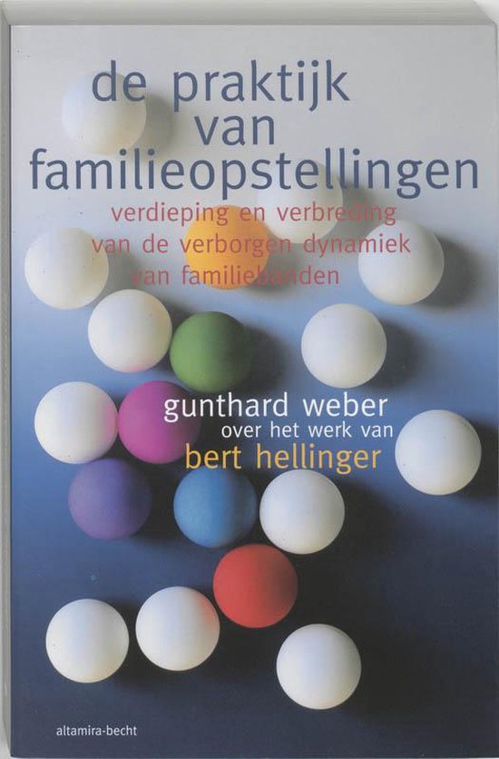 Boekcover met de titel 'De praktijk van familieopstellingen'. Kleurrijke ballen liggen verspreid op een blauwe achtergrond.