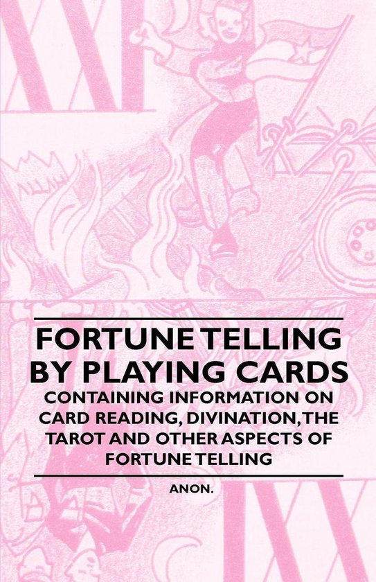 Livre intitulé 'Fortune Telling by Playing Cards', avec des illustrations roses de cartes et du texte.