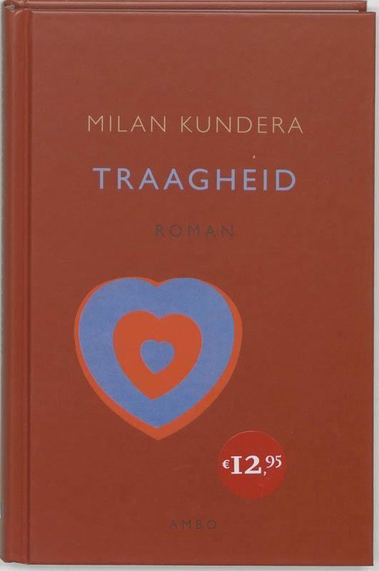 Boek met rode kaft, titel 'TRAAGHEID', met een hart in blauw en oranje.