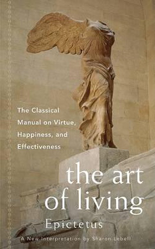 Boekhoes met standbeeld van gevleugelde vrouw en tekst 'the art of living Epictetus'.