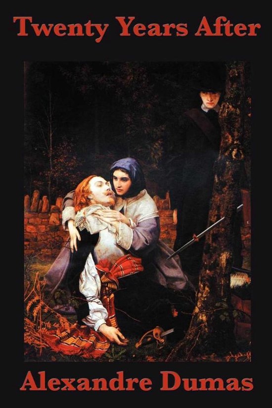Boekomslag 'Twenty Years After' van Alexandre Dumas. Een man met rood haar wordt door een vrouw omhelsd, terwijl een andere man op de achtergrond staat.