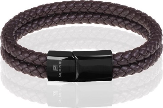 Memphis dubbele leren armband Donkerbruin Zwart-19cm