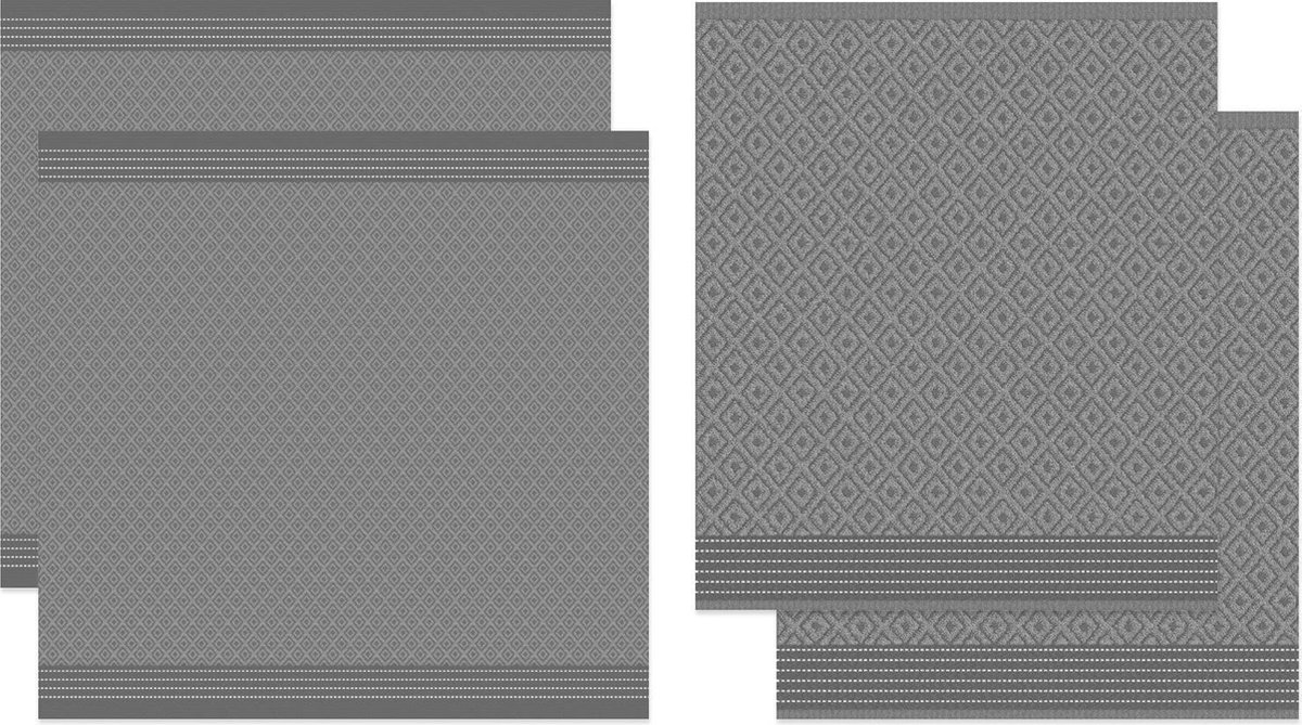 DDDDD - Akira - Theedoeken en Keukendoeken Set - Set van 4 - Katoen - Geometrische print - Grijs - DDDDD