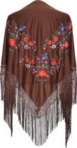 Spaanse manton - omslagdoek - bruin met bloemen bij verkleedkleding of Flamenco jurk