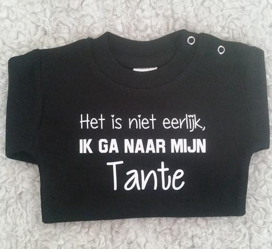 Shirtje Het is niet eerlijk, ik ga naar mijn tante | lange mouw | zwart | maat 86/92