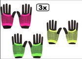 3x Paar nethandschoenen vingerloos neon geel-pink-groen