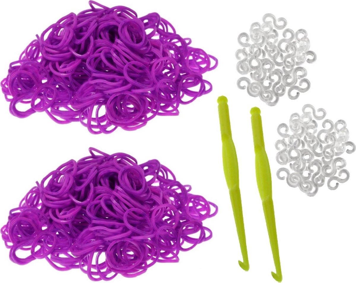 600 Loom Bands met 2 weefhaken en S-clips paars