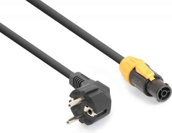 Zwarte stroomkabel met een Schuko stekker en een gele Powercon connector.