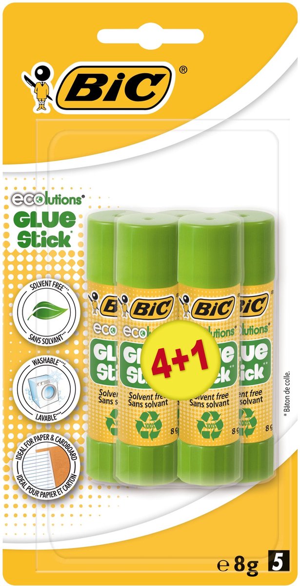 Lijmstift Bic Ecolutions 8gr blister à 4+1 gratis